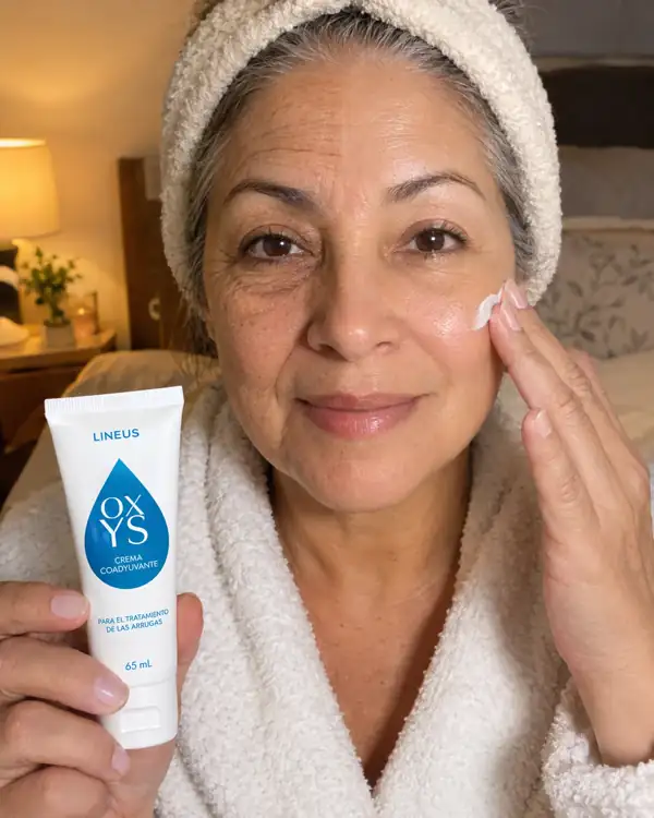 Mujer aplicándose la crema Oxys